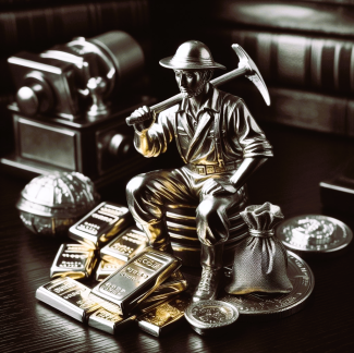 Gold Miner sitting on top of gold bullion 
